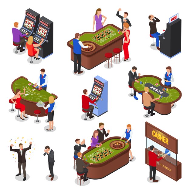 Casino playing room isometric elements set with slot machines roulette black jack cards games isolated illustration