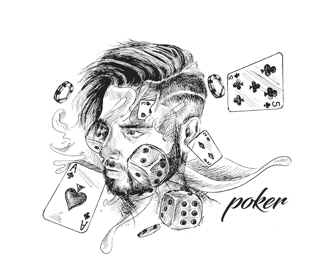 Casino theme with playing chips and poker cards Hand Drawn Sketch Vector illustration