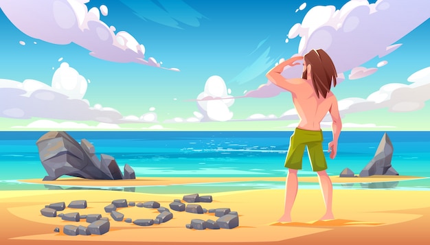 Free Vector castaway man on uninhabited island cartoon illustration