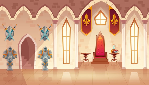 Free vector castle hall with windows. interior of royal ballroom with throne, table and guards in knight