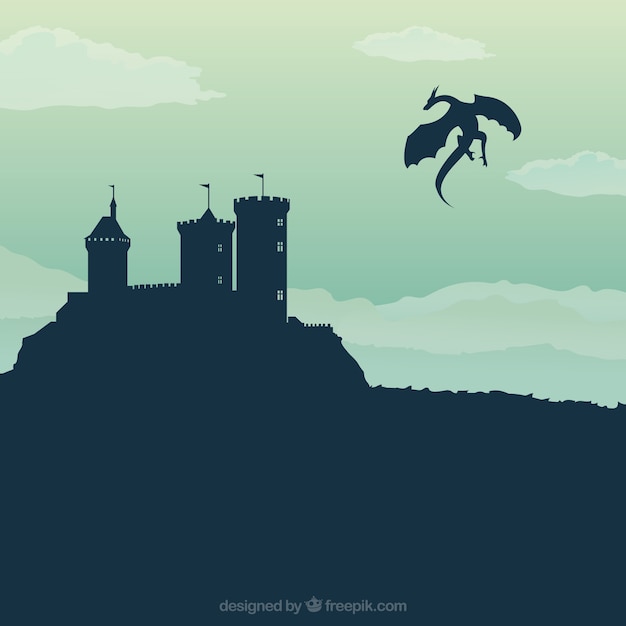 Castle silhouette background with dragon flying