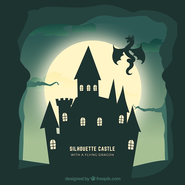 Castle silhouette background with dragon flying