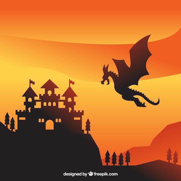 Free Vector castle silhouette background with dragon flying