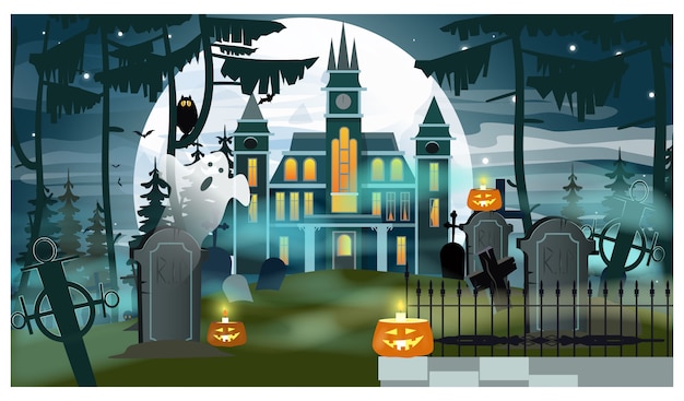 Free Vector castle and tombs in forest, with ghost and candles in moonlight