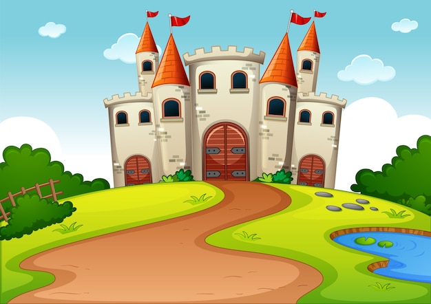 Castle tower fairytale land cartoon scene