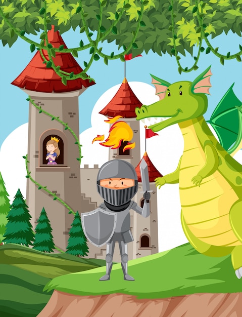 Free vector castle with princess, knight and dragon