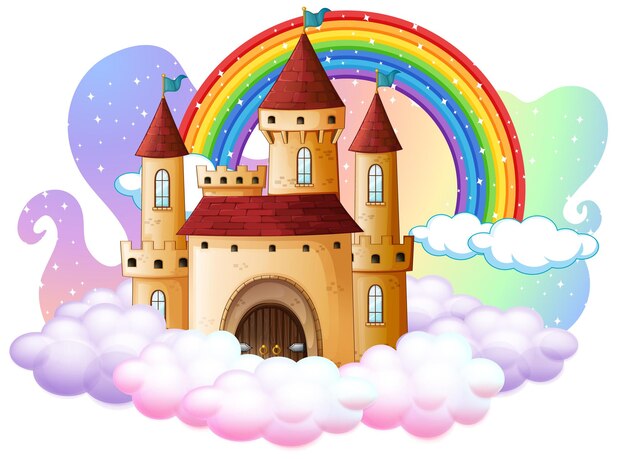 Castle with rainbow on the cloud isolated on white