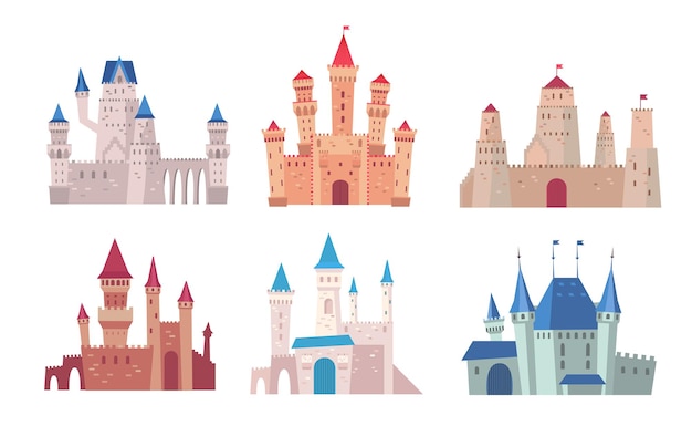 Free Vector castles cartoon illustration set. gothic architecture, fairytale palace and medieval fortress clipart collection. history, ancient architecture concept