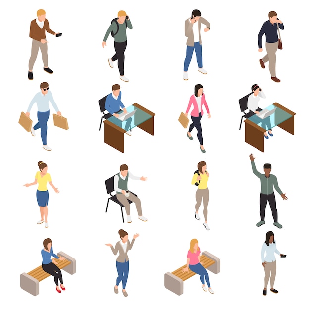 Casual city people isometric icons set with work and free time symbols isolated  illustration