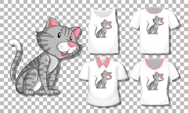 Cat cartoon character with set of different shirts isolated on transparent background