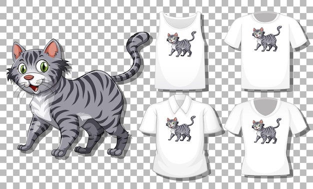 Cat cartoon character with set of different shirts isolated on transparent background