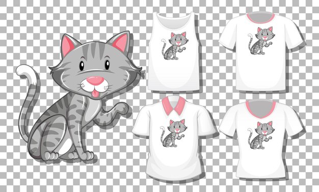 Cat cartoon character with set of different shirts isolated on transparent background