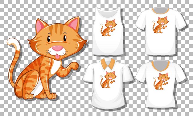 Cat cartoon character with set of different shirts isolated on transparent background