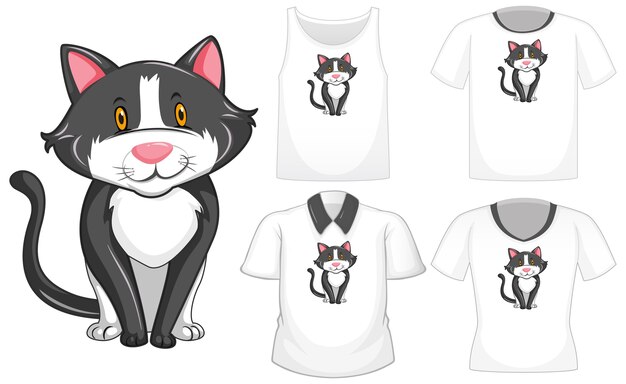 Cat cartoon character with set of different shirts isolated on white background