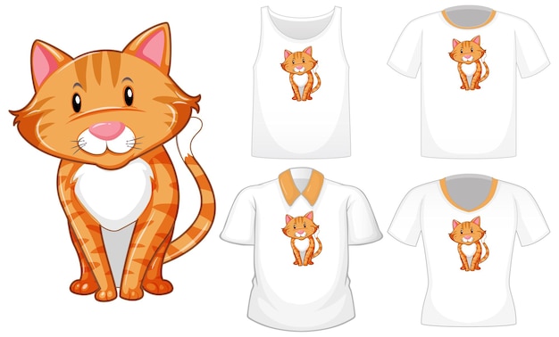 Cat cartoon character with set of different shirts isolated on white background