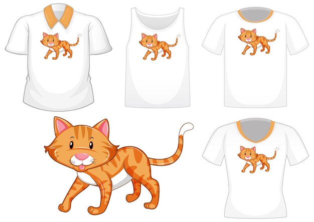 Cat cartoon character with set of different shirts isolated on white background