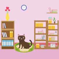 Free vector cat of cartoon in studyroom