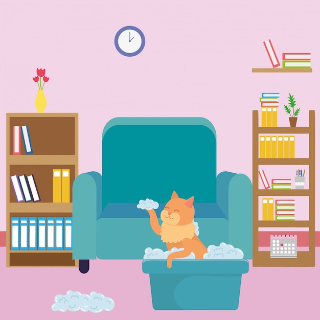 Free vector cat of cartoon in studyroom