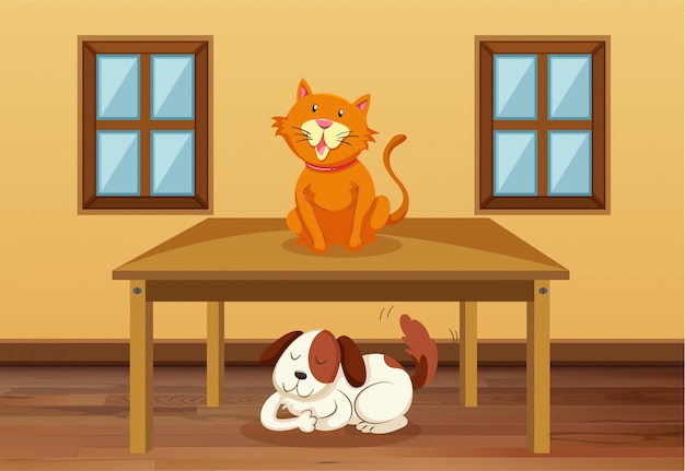 Free vector cat and dog in the room