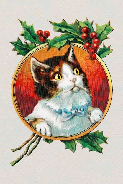 Free Vector cat in a gold frame christmas