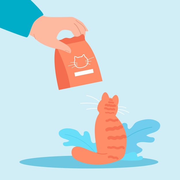 Cat looking at feed package flat vector illustration. Huge hand with animal food. Owner feeding lovely hungry pet or kitten. Meal, care, friendship, companion concept