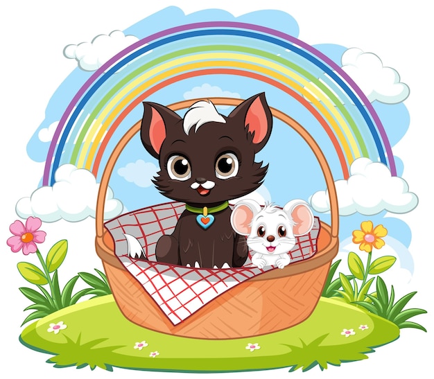 Free Vector cat and mouse cartoon characters sitting in basket