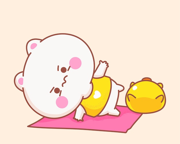 Cat playing yoga with duck cartoon illustration