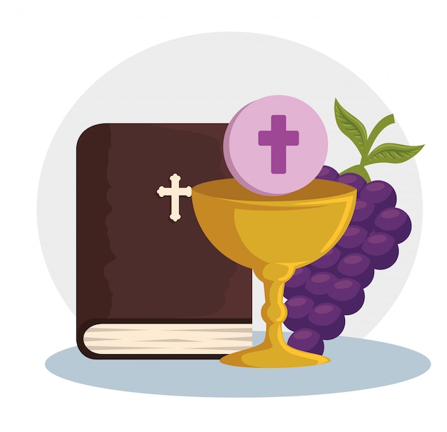 Catholic bible and chalice with holy host to event