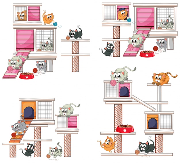 Free vector cats and different designs of cat house illustration