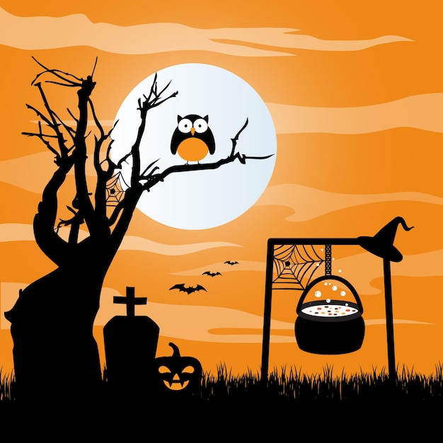 Free Vector cauldron in graveyard halloween background