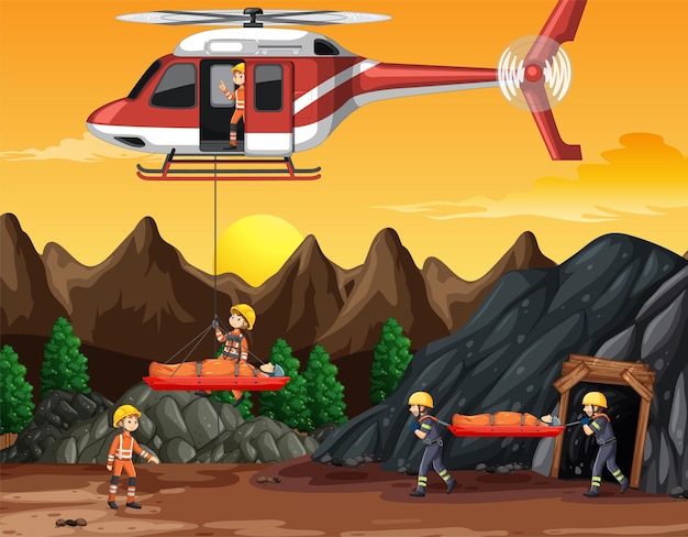 Free Vector cave scene with firerman rescue in cartoon style