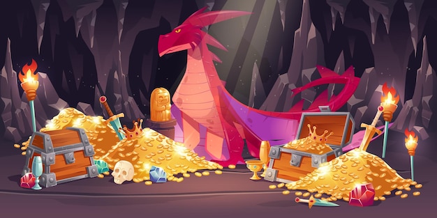 Cave with red dragon and treasure, piles of gold coins, jewelry and gem