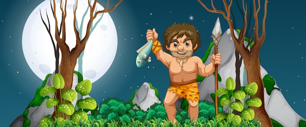 Free Vector a caveman hunting for food