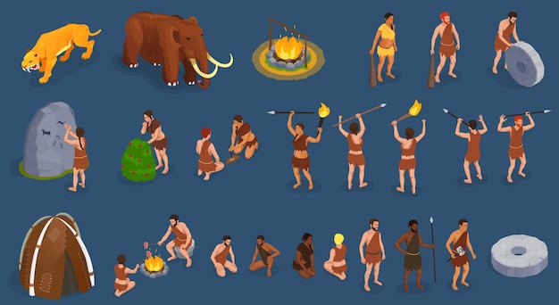 Free Vector caveman prehistoric primitive people set of isolated human characters armed with pikes wild animals and bonfire vector illustration