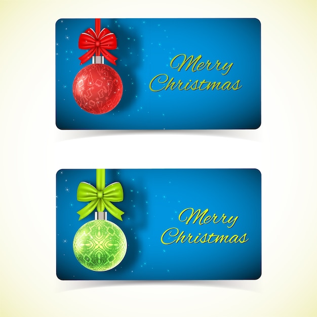 Free vector celebrating greeting horizontal cards with hanging red and green christmas baubles on blue