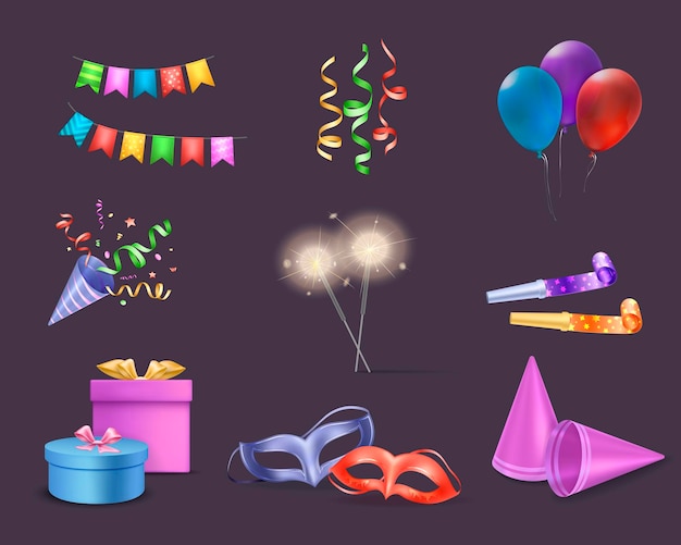 Free Vector celebration party set with balloons and ribbons symbols realistic isolated vector illustration