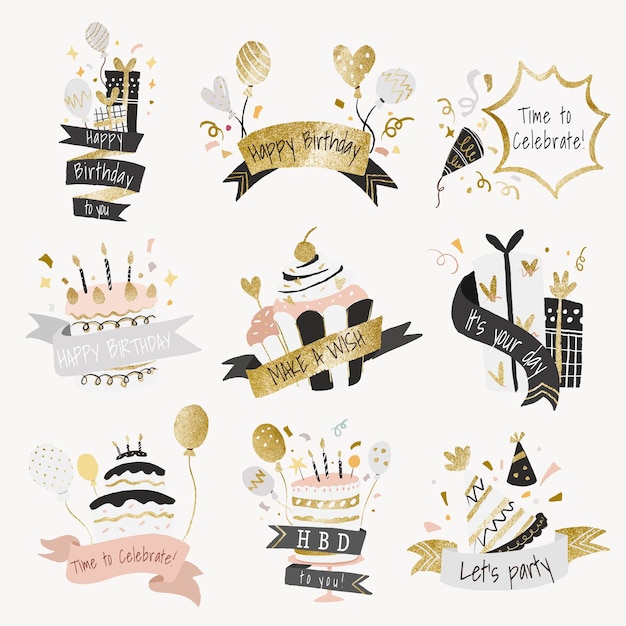 Celebration template sticker, birthday party vector set