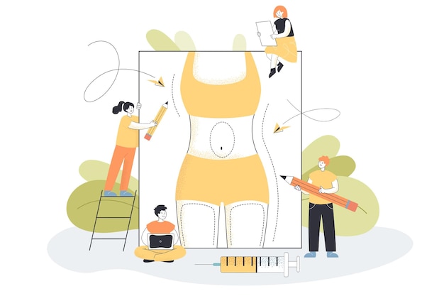 Cellulite treatment and fat reduction by tiny people. Persons preparing body of patient in bikini for liposuction beauty procedure flat vector illustration. Bariatric surgery, abdominoplasty concept