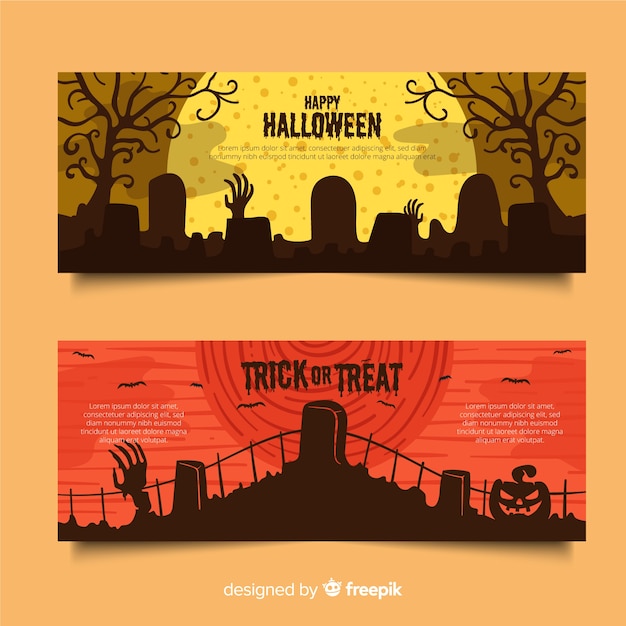 Free Vector cemeteries on a full moon night flat halloween banners