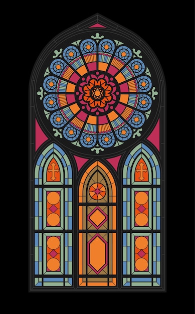 Central vertical stained glass mosaic window of the gothic church flat vector illustration