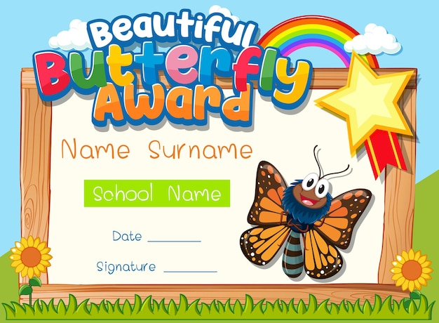 Free Vector certificate template with beautiful butterfly award