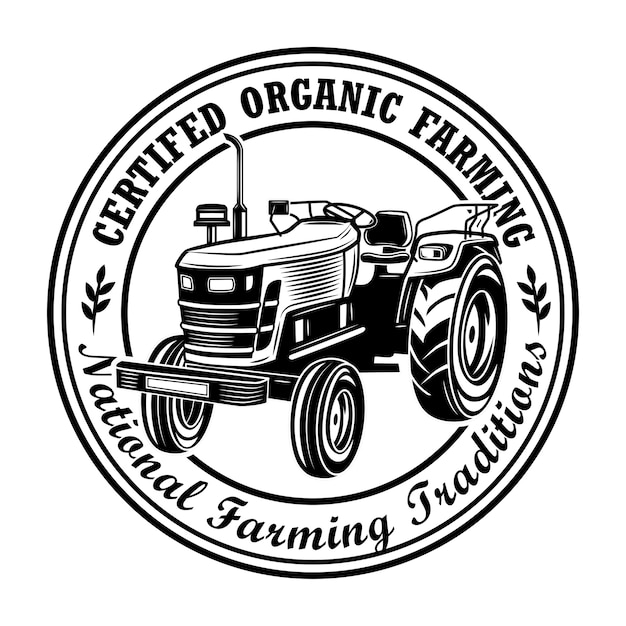 Certified organic farming stamp vector illustration. Farmers tractor, circular frame, national traditions text. Agriculture or agronomy concept for emblems, stamps, labels templates