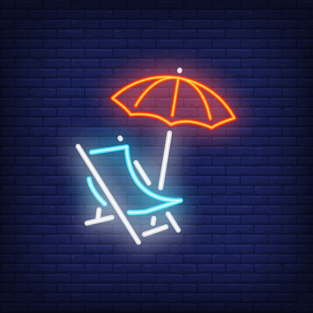 Chaise-lounge neon sign. Beach chair and umbrella on dark brick wall background.