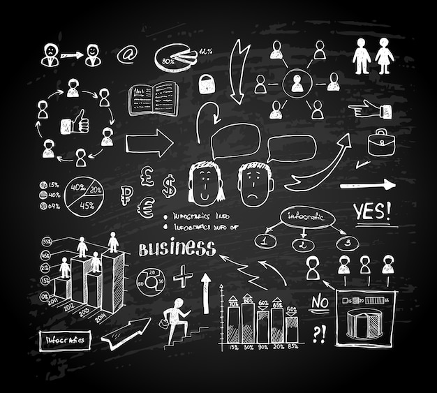 Free vector chalk board doodle charts. business graphs and charts on a blackboard. vector illustration