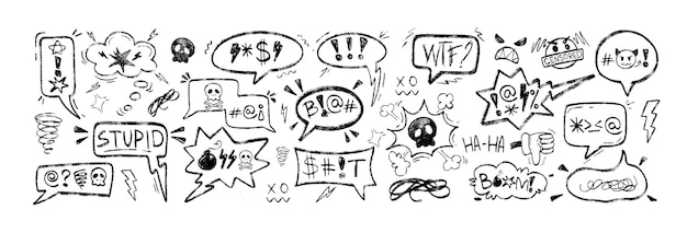 Free Vector chalk speech bubbles with swear words curses skull icon censored with symbols in crayon grunge