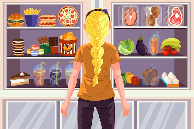 Free Vector character choosing between healthy and fast food