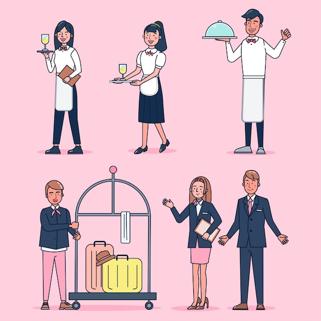 Character collection of catering big set isolated flat   illustration wearing professional uniform, cartoon style on hotel theme