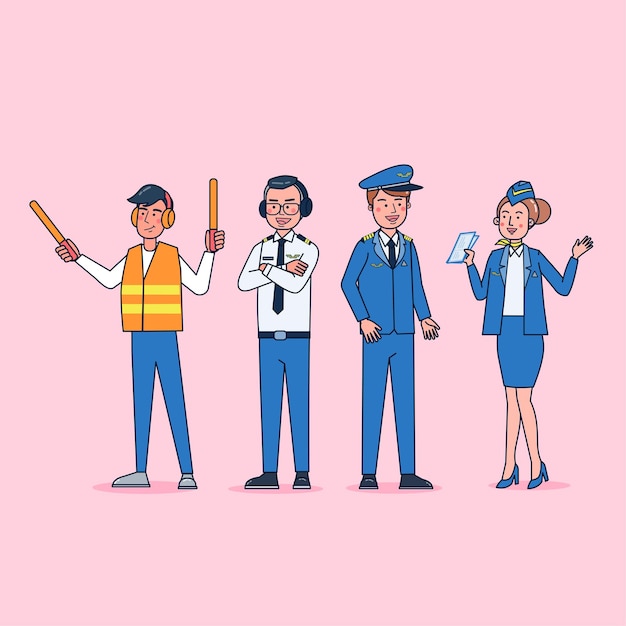 Character collection of pilot & air hostess big set isolated flat   illustration wearing professional uniform, cartoon style