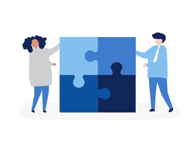 Free Vector character of a couple solving puzzle pieces illustration