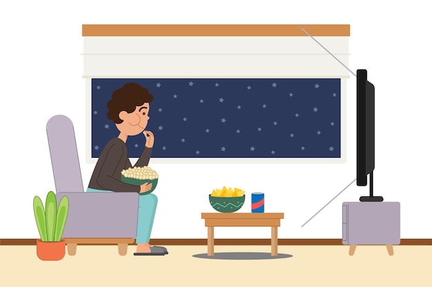 Character eating popcorn and watching a movie